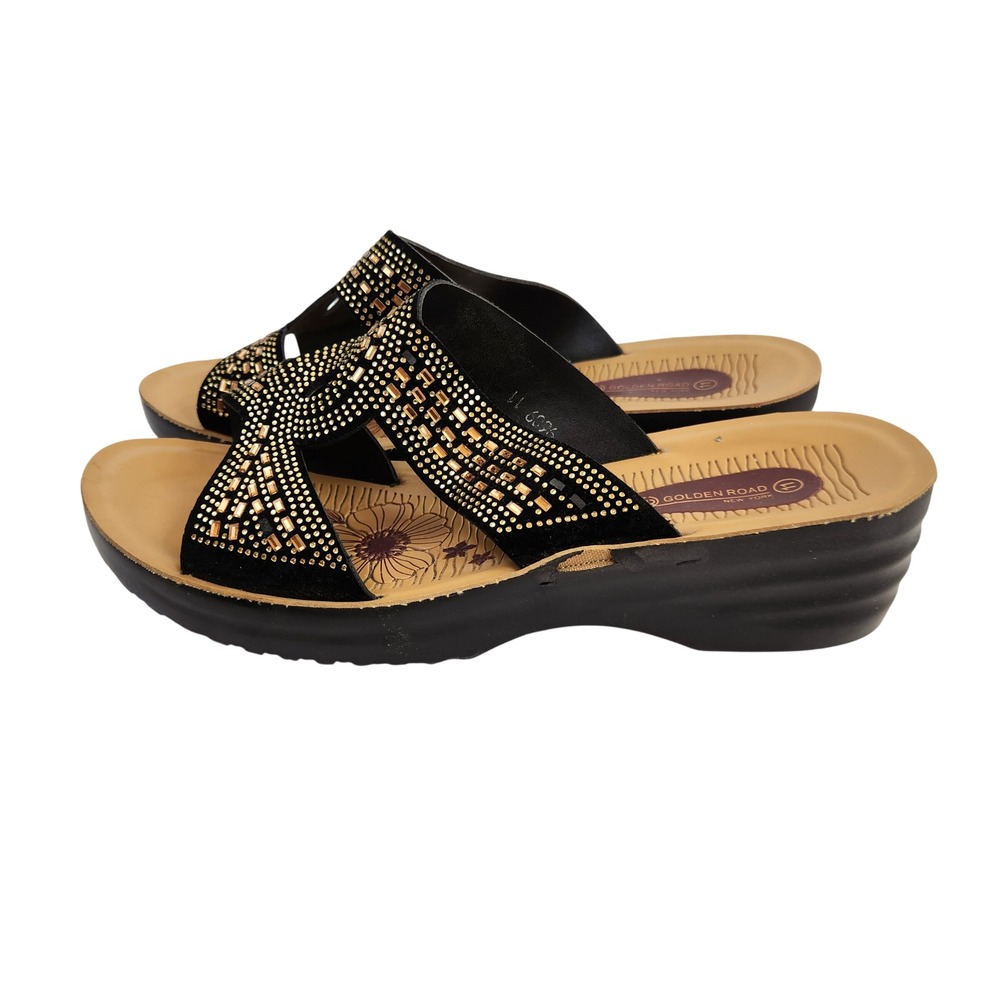 Golden Road Women's Black Gold Rhinestone Wedge Sandals Shoes Size 11 - Picture 13 of 14